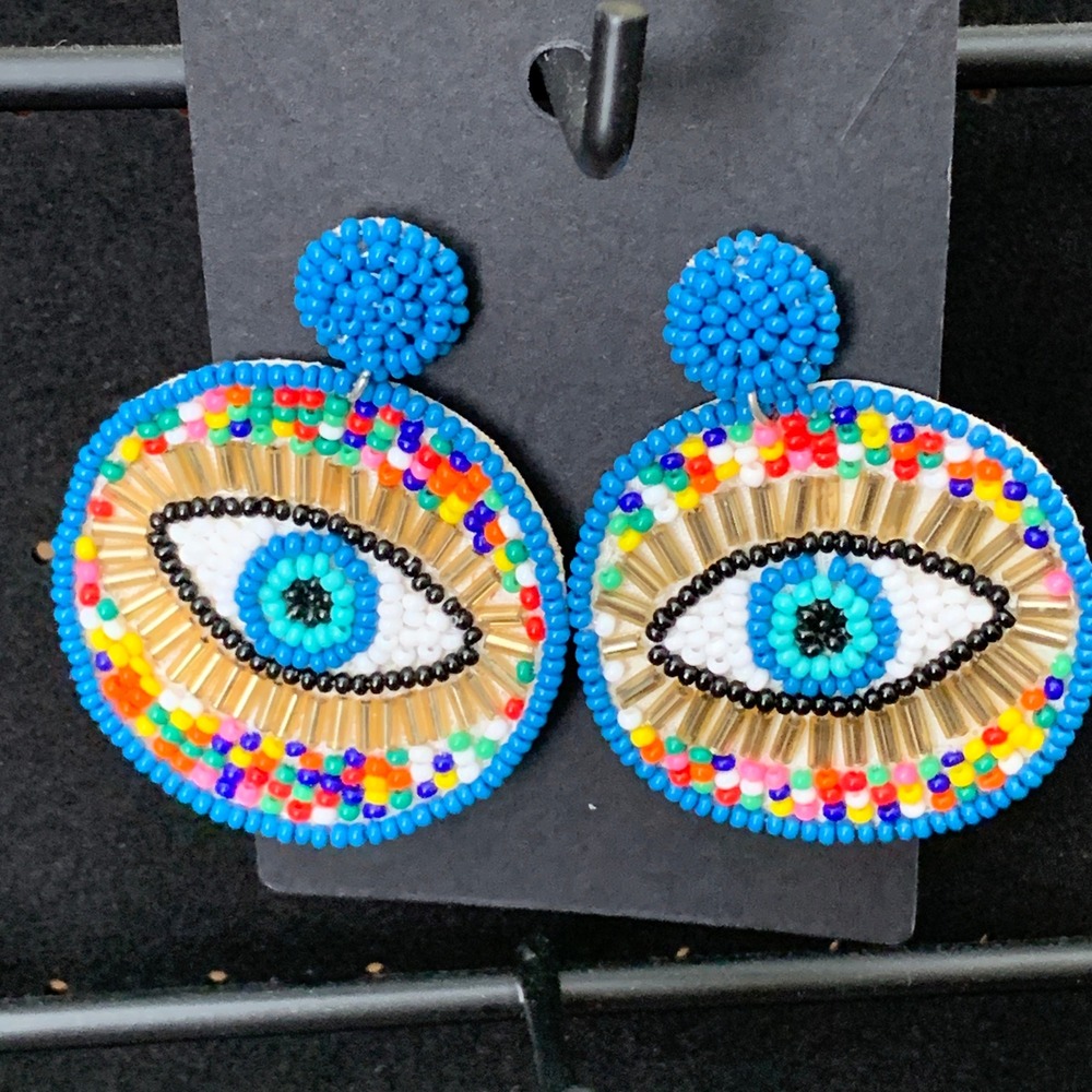 Beaded Evil Eye Blue Drop Earrings Multi Color Statement Boho Festival
